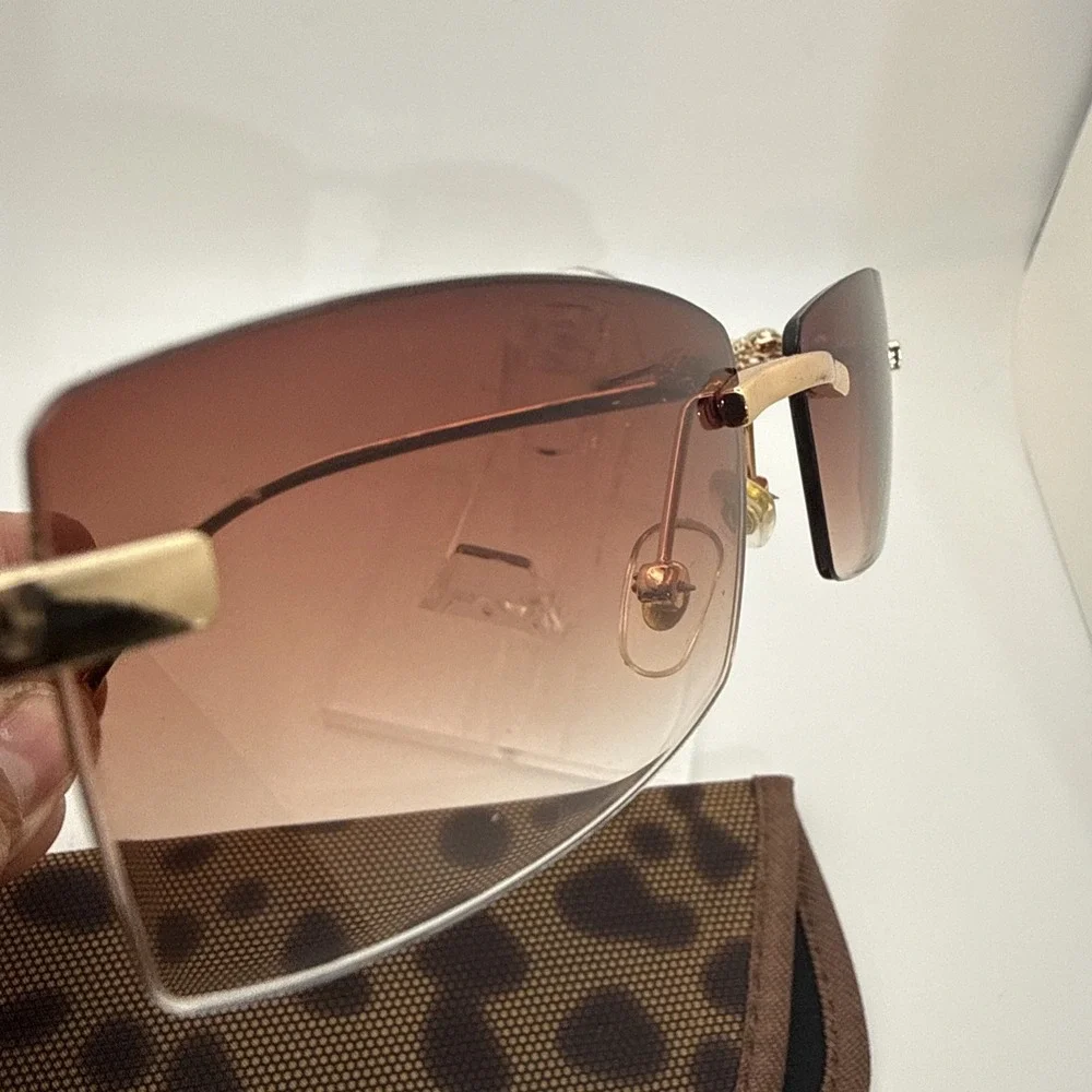 Rimless square sunglasses w/gold frame leopard/jaguar figurine & travel case HOT